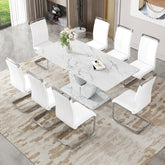 Table and chair set.Modern Simple Marble Pattern Dining Set - 71"x35.4" Table with 8 White PU Chairs.White marble pattern sticker,Tempered glass tabletop,Featuring Arched Silver Metal Chair Legs.