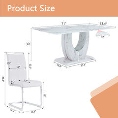 Table and chair set.Modern Simple Marble Pattern Dining Set - 71"x35.4" Table with 8 White PU Chairs.White marble pattern sticker,Tempered glass tabletop,Featuring Arched Silver Metal Chair Legs.