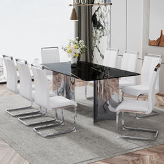 Table and chair set.The table has a glass top with imitation marble pattern stickers and stainless steel silver legs.Paired with 8 White PU Chairs with Silver C-tube Metal Leg.