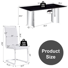 Table and chair set.The table has a glass top with imitation marble pattern stickers and stainless steel silver legs.Paired with 8 White PU Chairs with Silver C-tube Metal Leg.
