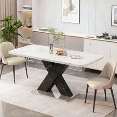 47.24"-62.99"Modern Rectangle Dining Table, Stretchable, Printed White Marble Table Top+MDF Black X-Shape Table Leg with Metal Base (Same SKU:W757P242764)