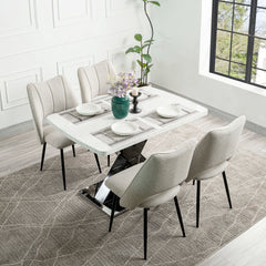 47.24"-62.99"Modern Rectangle Dining Table, Stretchable, Printed White Marble Table Top+MDF Black X-Shape Table Leg with Metal Base (Same SKU:W757P242764)