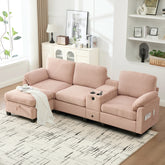UNITED WE WIN L-type multifunctional corduroy sofa: 4-seater segmented design with cup holder/USB interface/storage box, equipped with movable console+Ottoman style storage space, optimized for Apt.
