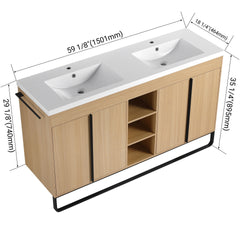 60" Freestanding Bathroom Vanity With Resin Double Sink, 4-Soft Close Door & 3-Open Storage Rack, KD-Packing, Plywood