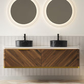 DIPA 60" Bathroom Vanity & Sinks, Floating Plywood Storage Cabinet, 2 Drawers with Sensor Light, 2 Black Stone Pattern Ceramic Round Basins & Sintered Stone Top, Pre-assembled, Dark Walnut Woodgrain
