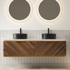 DIPA 60" Bathroom Vanity & Sinks, Floating Plywood Storage Cabinet, 2 Drawers with Sensor Light, 2 Black Stone Pattern Ceramic Round Basins & Sintered Stone Top, Pre-assembled, Dark Walnut Woodgrain