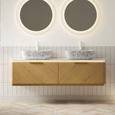DIPA 60" Bathroom Vanity & Sinks, Floating Plywood Storage Cabinet with 2 Drawers, Sensor Light, 2 Marble Pattern Ceramic Vessel Basins&Sintered Stone Top, Pre-assembled, Corolla Oak Woodgrain Color