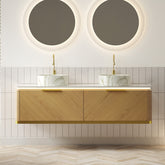 DIPA 60" Bathroom Vanity & Sinks, Floating Plywood Storage Cabinet with Drawer, Sensor Light, 2 Stone Pattern White Ceramic Vessel Basins&Sintered Stone Top, Pre-assembled, Corolla Oak Woodgrain Color