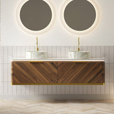 DIPA 60" Bathroom Vanity & Sinks, Floating Plywood Storage Cabinet, 2 Drawers with Sensor Light, 2 Stone Pattern Ceramic Vessel Basins & Sintered Stone Top, Pre-assembled, Dark Walnut Woodgrain Color