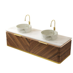 DIPA 60" Bathroom Vanity & Sinks, Floating Plywood Storage Cabinet, 2 Drawers with Sensor Light, 2 Stone Pattern Ceramic Vessel Basins & Sintered Stone Top, Pre-assembled, Dark Walnut Woodgrain Color