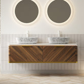 DIPA 60" Bathroom Vanity&Sinks, Floating Plywood Storage Cabinet, 2 Drawers with Sensor Light, 2 Marble Pattern Ceramic Vessel Basins&Sintered Stone Top, Pre-assembled, Dark Walnut Woodgrain Color