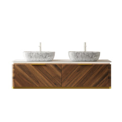 DIPA 60" Bathroom Vanity&Sinks, Floating Plywood Storage Cabinet, 2 Drawers with Sensor Light, 2 Marble Pattern Ceramic Vessel Basins&Sintered Stone Top, Pre-assembled, Dark Walnut Woodgrain Color