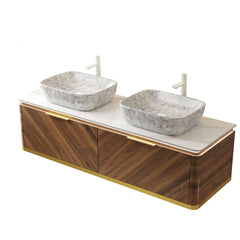 DIPA 60" Bathroom Vanity&Sinks, Floating Plywood Storage Cabinet, 2 Drawers with Sensor Light, 2 Marble Pattern Ceramic Vessel Basins&Sintered Stone Top, Pre-assembled, Dark Walnut Woodgrain Color