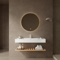 LEDE 48" Bathroom Vanity with Vessel Sink, Wall-Mounted Floating White Rectangular Acrylic Integrated Basin without Faucet, Striped Shelves Layer, Natural Woodgrain Color