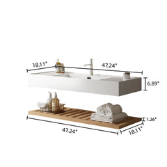 LEDE 48" Bathroom Vanity with Vessel Sink, Wall-Mounted Floating White Rectangular Acrylic Integrated Basin without Faucet, Striped Shelves Layer, Natural Woodgrain Color