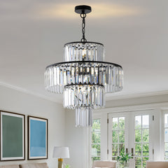 20" Modern Crystal Chandelier with Black Finish, 4-Tier Design for Dining Room or Living Room, Elegant Crystal Pendant Light Fixture (Bulb Not Included)