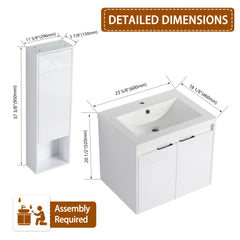 24" Bathroom Vanity With Resin Sink , 2-Soft Close Doors and 1-Wall Cabinet, Float Mounting Design, Glossy White, Plywood(KD-Packing)