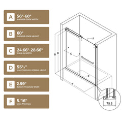 60" W x 60" H Brushed Nickel Frameless Double Sliding Shower Door, Bathtub Door, 5/16"(8mm) Tempered Glass, Explosion-proof Film, Nano Coating