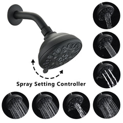 Matte Black high pressure 6-setting 4" shower head - Angle adjustable, clog-proof shower head