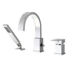 Waterfall Bathtub Faucet with Sprayer, 3-Hole Roman Tub Filler with Hand Shower Deck Mount Waterfall Tub Spout Set