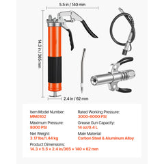 Grease Gun, 8000 PSI, Pistol Grip Grease Gun Kit with 14 oz Capacity, Includes 18-Inch Flex Hose, Double Handle Grease Coupler, Extension Rigid Pipe & Sharp Type Nozzle for Automotive, Marine