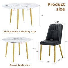 Table and chair set.Extendable MDF Dining Table.The pull-out table is suitable for gatherings of different size.Paired with 4 Black PU Chairs with Simple Line Designs On The Backrest.
