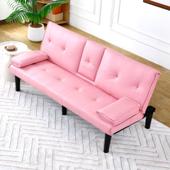 The 67-inch pink PVC multi-functional sofa bed, with a foldable and cup holder design, makes it extremely convenient to turn the living room into a guest room