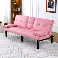 The 67-inch pink PVC multi-functional sofa bed, with a foldable and cup holder design, makes it extremely convenient to turn the living room into a guest room