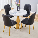 Table and chair set.31.5 Inch Elegant White Marble Pattern Round Dining Table - Suction Molding Annular Texture.Paired With 4 Black PU Chairs with Simple Line Designs On The Backrest.