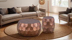 Modern Contemporary Round Aluminum material 32" Coffee Table and 21"Height End Table Set 2PC Tables with Glossy Diamond-Patterned Base Copper