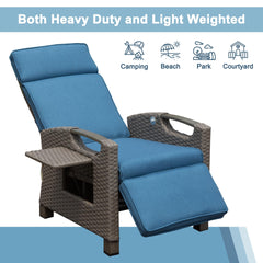 Outdoor Recliner Chair, Patio Recliner with Hand-Woven Wicker, Flip Table Push Back, Adjustable Angle, Thickness Cushions, Reclining Lounge Chair for Indoor and Outdoor, Navy Blue
