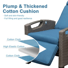 Outdoor Recliner Chair, Patio Recliner with Hand-Woven Wicker, Flip Table Push Back, Adjustable Angle, Thickness Cushions, Reclining Lounge Chair for Indoor and Outdoor, Navy Blue
