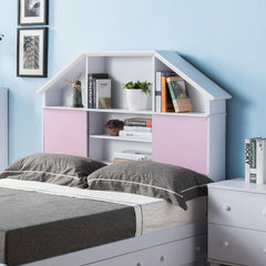 Full Size Bookcase headboard free standing tall storage two sliding pink doors with seven cubby shelves white
