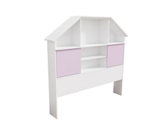 Full Size Bookcase headboard free standing tall storage two sliding pink doors with seven cubby shelves white