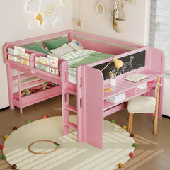 Full Loft Bed with Multi-storage Bookcases, Boxes and Drawers, Solid Wood Low Loft Beds with Desk and Blackboard, No Box Spring Needed, Pink