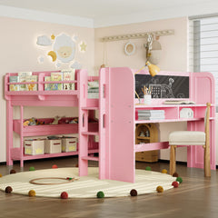 Full Loft Bed with Multi-storage Bookcases, Boxes and Drawers, Solid Wood Low Loft Beds with Desk and Blackboard, No Box Spring Needed, Pink