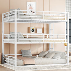 Queen over Queen over Queen Bunk Bed, Metal Triple Bunk Bed with Safety Guardrails, Heavy-duty Bunk Bed with Noise-reduced Design, White