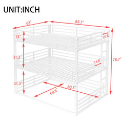 Queen over Queen over Queen Bunk Bed, Metal Triple Bunk Bed with Safety Guardrails, Heavy-duty Bunk Bed with Noise-reduced Design, White