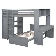 Full size Loft Bed with a twin size Stand-alone bed, Shelves,Desk,and Wardrobe-Gray