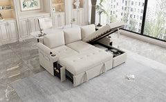 83.5" L-shaped Sofa Couch Convertible Sofa Bed Sectional Sofa with Ample Storage Space, Two Cup Holders and Two USB Ports for Living Room, Beige