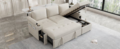 83.5" L-shaped Sofa Couch Convertible Sofa Bed Sectional Sofa with Ample Storage Space, Two Cup Holders and Two USB Ports for Living Room, Beige