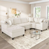 Modern U-shaped Sectional Sofa 115.7" Corner Sectional Living Room Couch Oversized Sectional with with Built-in Cup Holders, Storage Space and USB Ports for Living Room, Beige