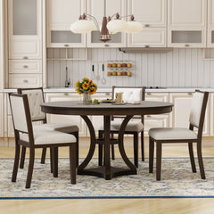 TREXM 5-Piece Retro Functional Dining Table Set Extendable Round Table and 4 Upholstered Chairs for Dining Room and Living Room (Espresso)