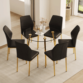 Table and chair set.39.7 Inch Diameter Modern Luxury Glass Dining Table and Chair Set - Gold Metal Legs.Paired With 6 BLACK PU Material High Resilience Dining Chair with Metal Gold Leg.