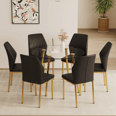 Table and chair set.39.7 Inch Diameter Modern Luxury Glass Dining Table and Chair Set - Gold Metal Legs.Paired With 6 BLACK PU Material High Resilience Dining Chair with Metal Gold Leg.W1151S03707