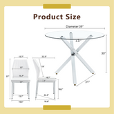 Table and chair set.Modern glass round table: 39 inch diameter, X-shaped silver metal bracket. Paired with 4 White Chairs, 37 inches High: Ergonomic PU Backrest .Suitable for restaurants, kitchens.