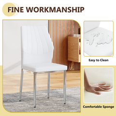 Table and chair set.Modern glass round table: 39 inch diameter, X-shaped silver metal bracket. Paired with 4 White Chairs, 37 inches High: Ergonomic PU Backrest .Suitable for restaurants, kitchens.