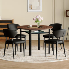 Table and chair set.42 inch modern minimalist brown wood grain round dining table set.Paired with 4 Black PU Ergonomic Dining Chair, With A Curved Backrest For Comfortable Design.