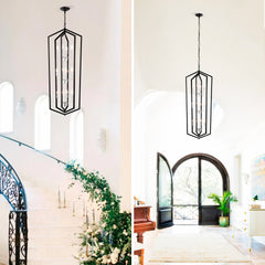 12-Light Farmhouse Kitchen Chandeliers, Matte Black and Sliver Vintage Rustic Cage Light Fixture Adjustable Height Chandeliers for Dining Room Hallway Foyer Entryway(E12 Bulbs Not Included)