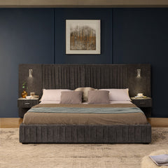 King Size Upholstered Bed Frame with Chenille fabric with pleated design,Grounded King Size Platform Bed with Headboard and Solid Frame and the bedside table.No Box Spring Needed-DARK GREY
